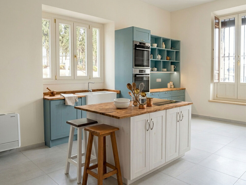 cocina de madera amciza de olivo azul y blanco